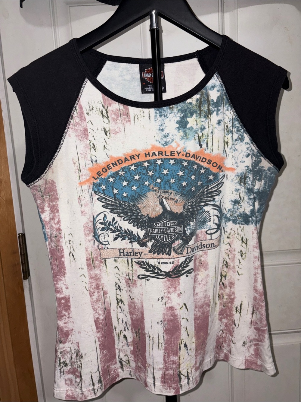 Y2K Harley Davidson American Flag Raglan Cap Sleeve Tee